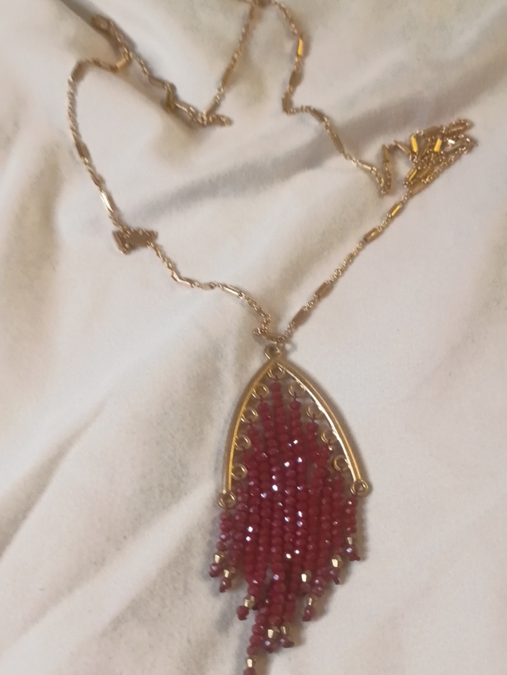 Gold-Tone Necklace with Red Beaded Fringe Pendant